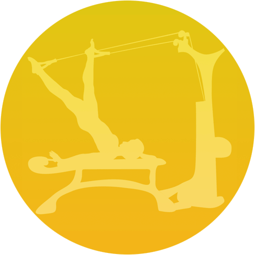 Silhouette of a person using a Pilates reformer machine against a yellow gradient circle.