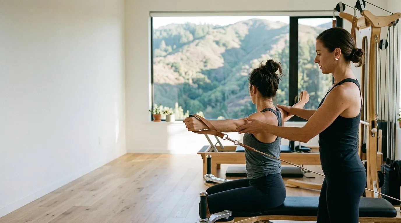 Instructor guiding a client through Gyrotonic spinal decompression movement on a pulley tower in an Aptos studio.