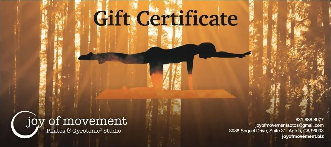 Gift certificate for Joy of Movement, featuring a silhouette of a person in a yoga pose against a sunset backdrop.