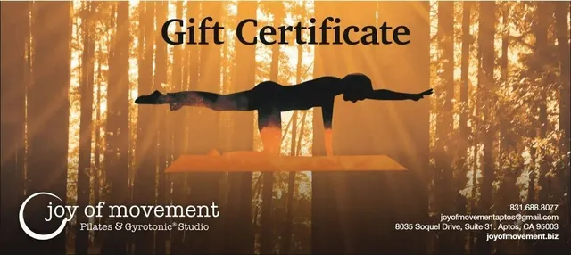 Gift certificate for Joy of Movement, featuring a silhouette of a person in a yoga pose against a sunset backdrop.