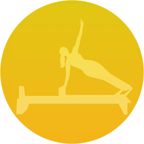 Woman doing a pilates exercise on a reformer machine, inside a yellow circle.