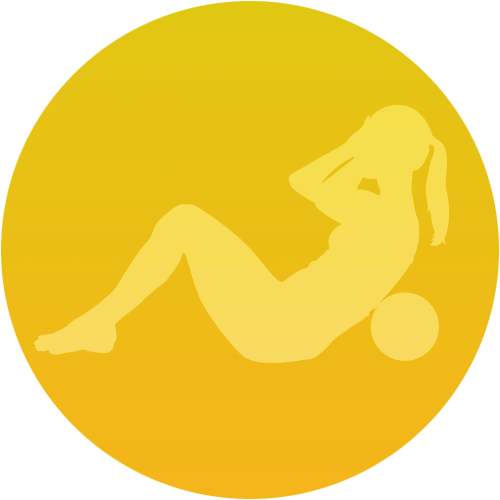 Woman doing a sit-up with a ball, yellow circular icon.