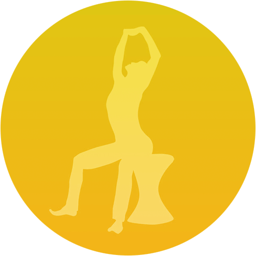 Silhouette of person seated on stool, arms raised, inside a yellow circle.